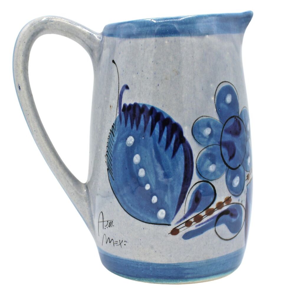 Collectible Vintage Blue Mexican Tonala Pitcher Handmade Ceramic Art Pottery